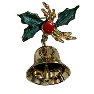 Festive Gold Bell Brooch with Holly
